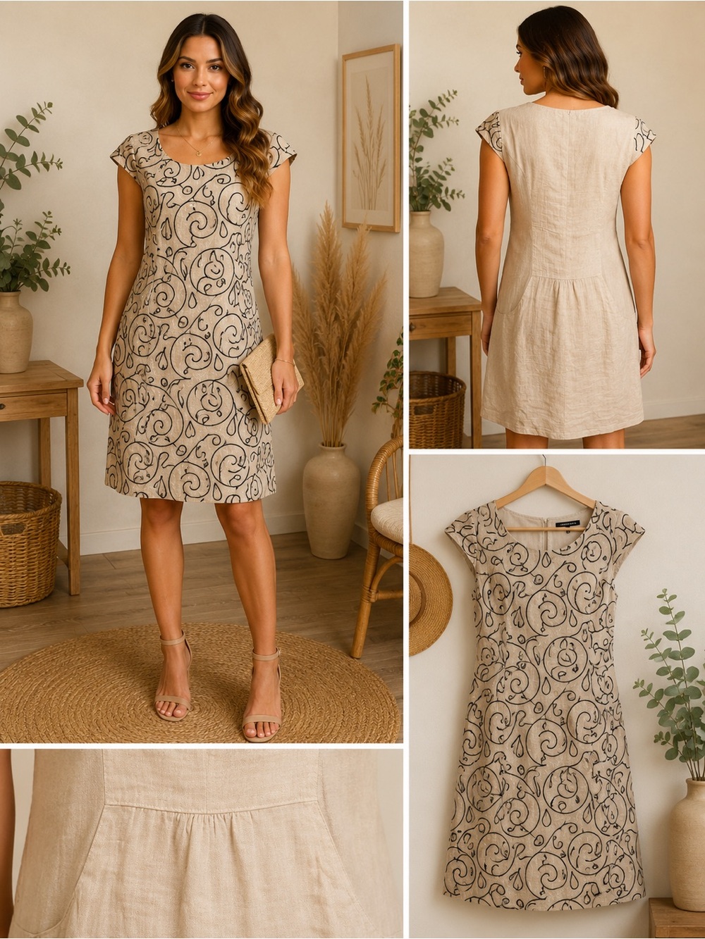 100% Linen Lina Tomei Neutral Scroll-Print Cap Sleeve Dress